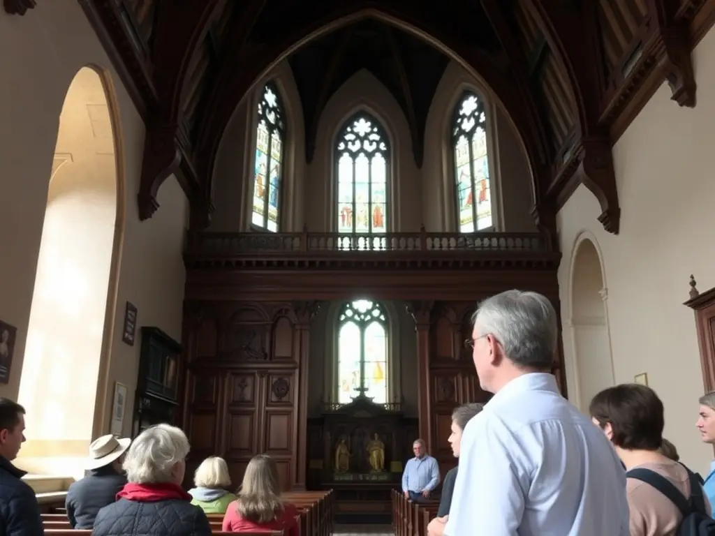 A photograph of a guided tour inside the Église de La Chapelle, with a knowledgeable guide explaining the history and architectural details to an attentive group.