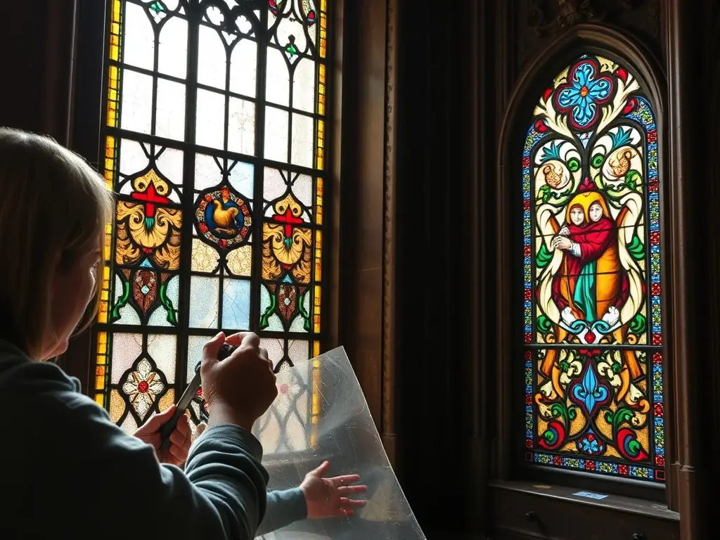 A detailed photograph showcasing the ongoing restoration work on the stained glass windows of Église de La Chapelle, with artisans carefully piecing together the intricate designs.
