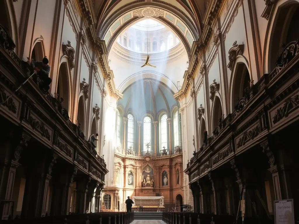 A photograph showcasing the meticulous restoration work being done on a stained glass window of the Église de La Chapelle, highlighting the intricate details and vibrant colors being preserved.