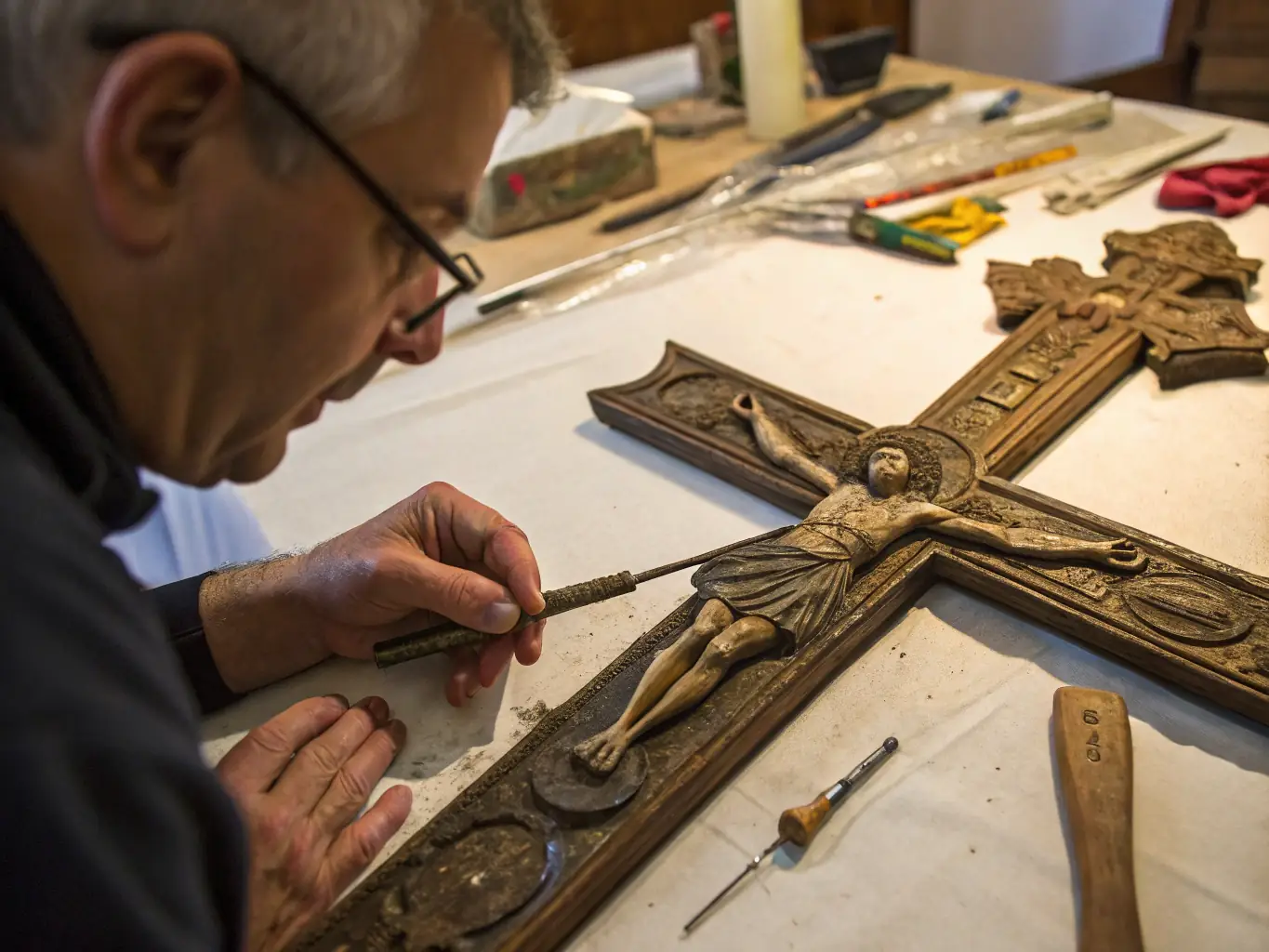 A photograph capturing a workshop session where participants are learning traditional restoration techniques from skilled artisans, focusing on stonework or stained glass repair.