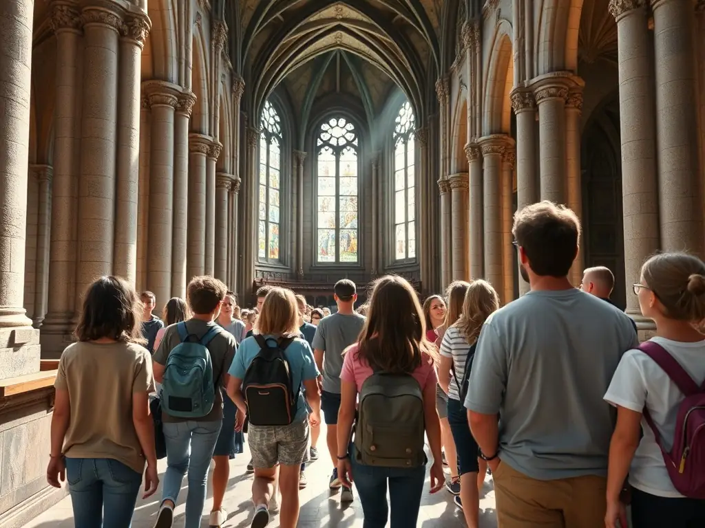 A photograph capturing a guided tour inside the Église de La Chapelle, with a knowledgeable guide explaining the history and significance of the church to an engaged group of visitors.