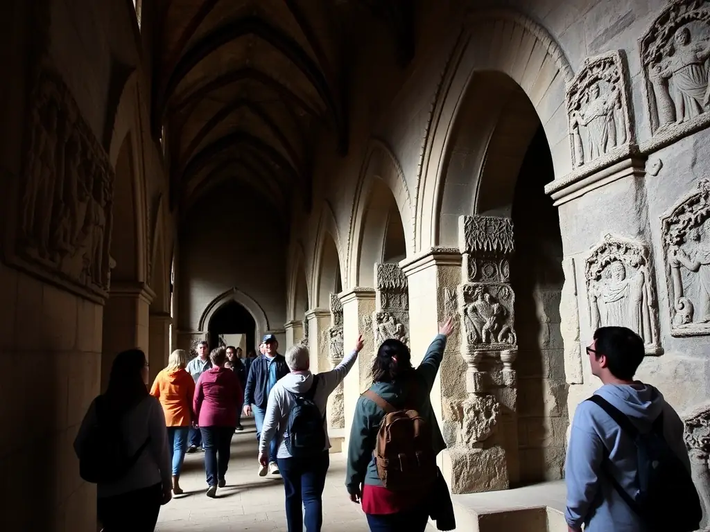 A photograph of a guided tour inside the Église de La Chapelle, with a knowledgeable guide explaining the history and architectural details to a group of visitors.