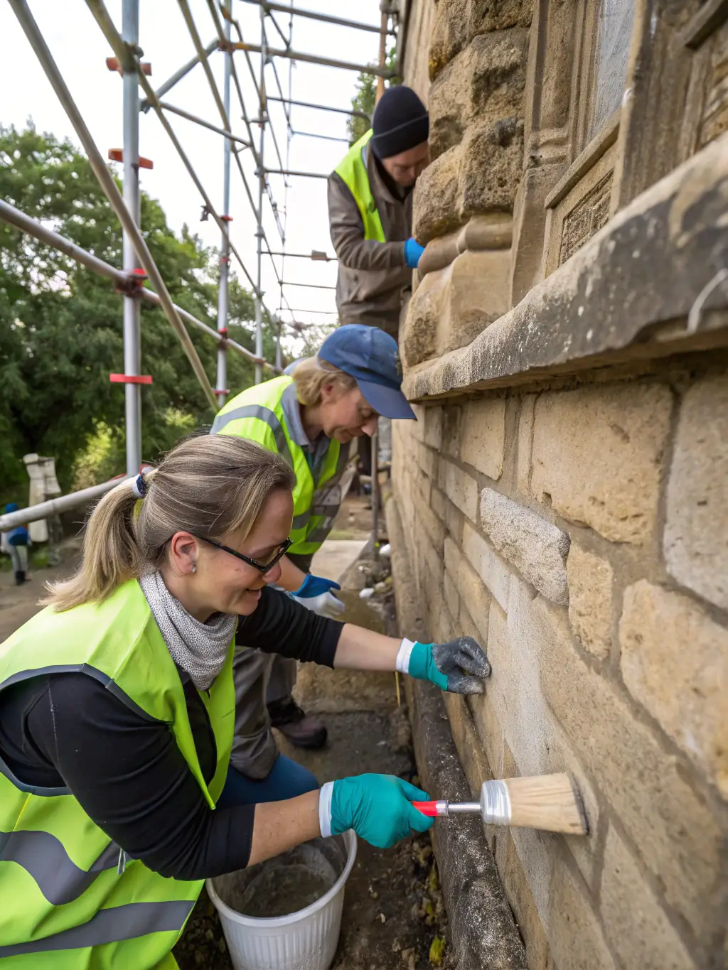 A photograph showcasing volunteers cleaning and maintaining the exterior stonework of the Église de La Chapelle, emphasizing community involvement and hands-on preservation efforts.