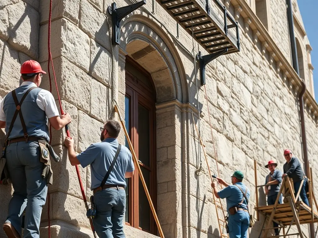 A photograph showcasing volunteers cleaning and restoring a section of the Église de La Chapelle, highlighting the hands-on preservation work being done.