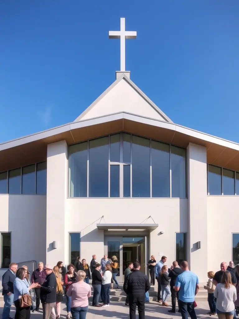 A wide-angle shot of the Église de La Chapelle during a community event, such as a concert or historical reenactment, illustrating its role as a cultural hub.