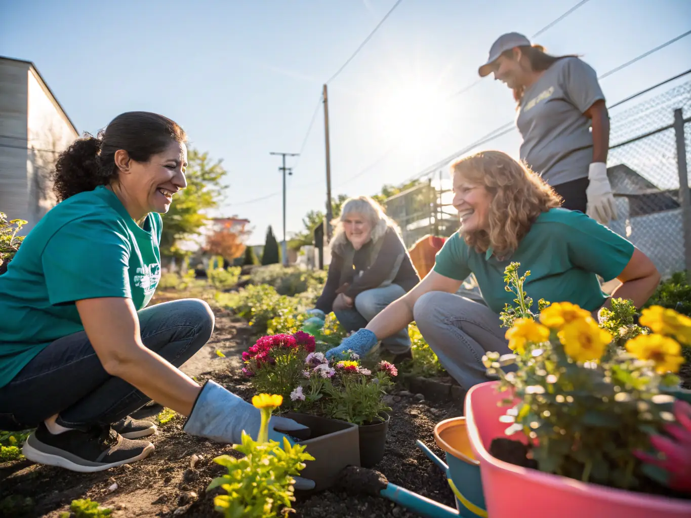 A photograph showcasing volunteers participating in a clean-up and maintenance day at the Église de La Chapelle, focusing on gardening and minor repairs.