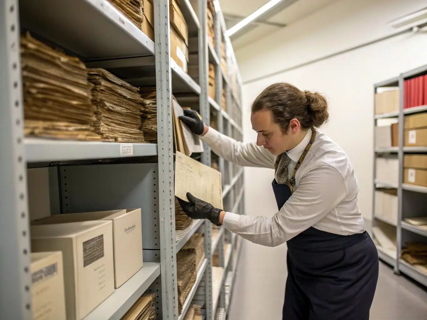 A photograph illustrating the digitization of historical documents and records related to the Église de La Chapelle, with archivists carefully handling the fragile materials.