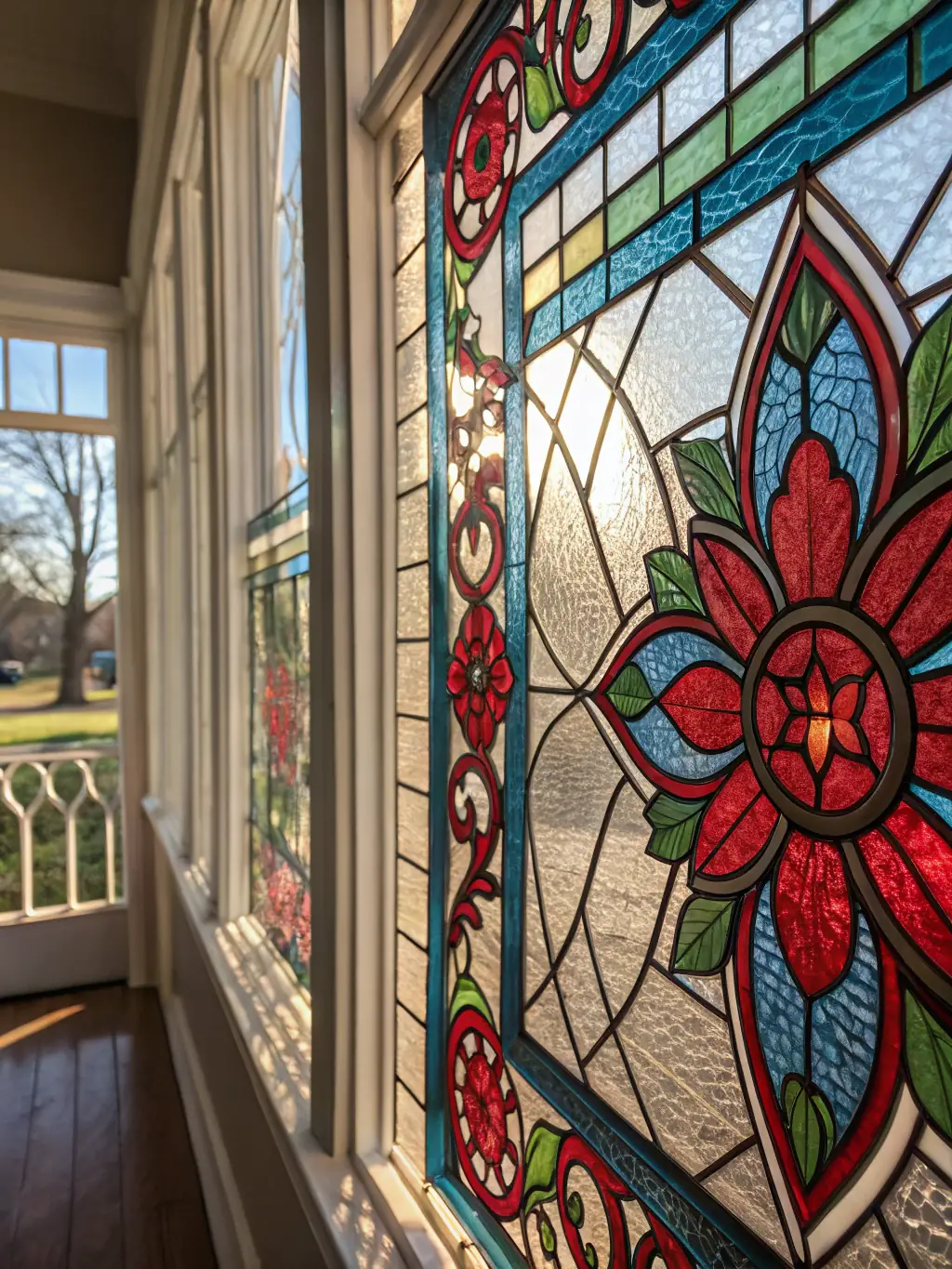 A detailed close-up image of a restored stained glass window in the Église de La Chapelle, highlighting the intricate artistry and the dedication to preserving historical details.